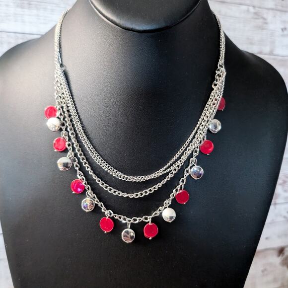 Red & Silver Tone Layered Necklace - Picture 1 of 5